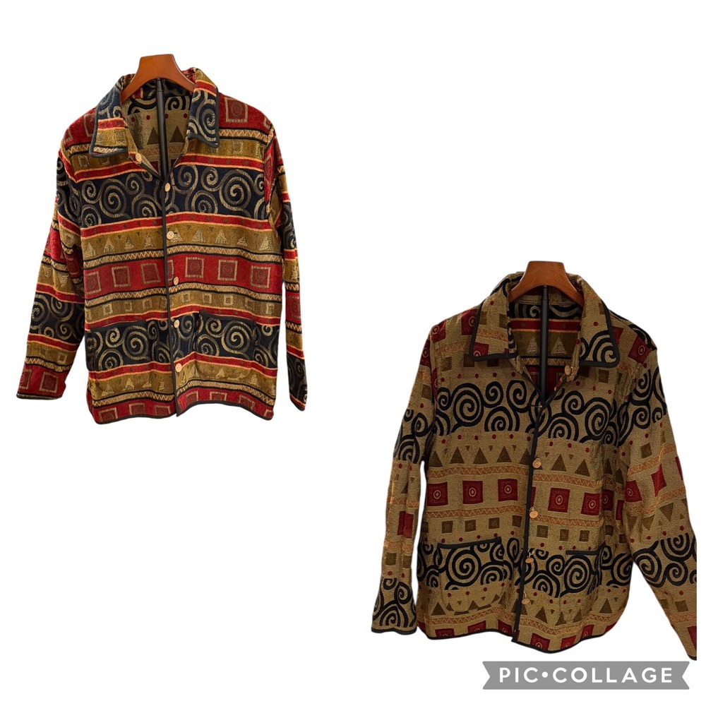 Vtg Tally Ho Art to Wear Reversible Tapestry Jacket 2X Geometric Swirl Pattern